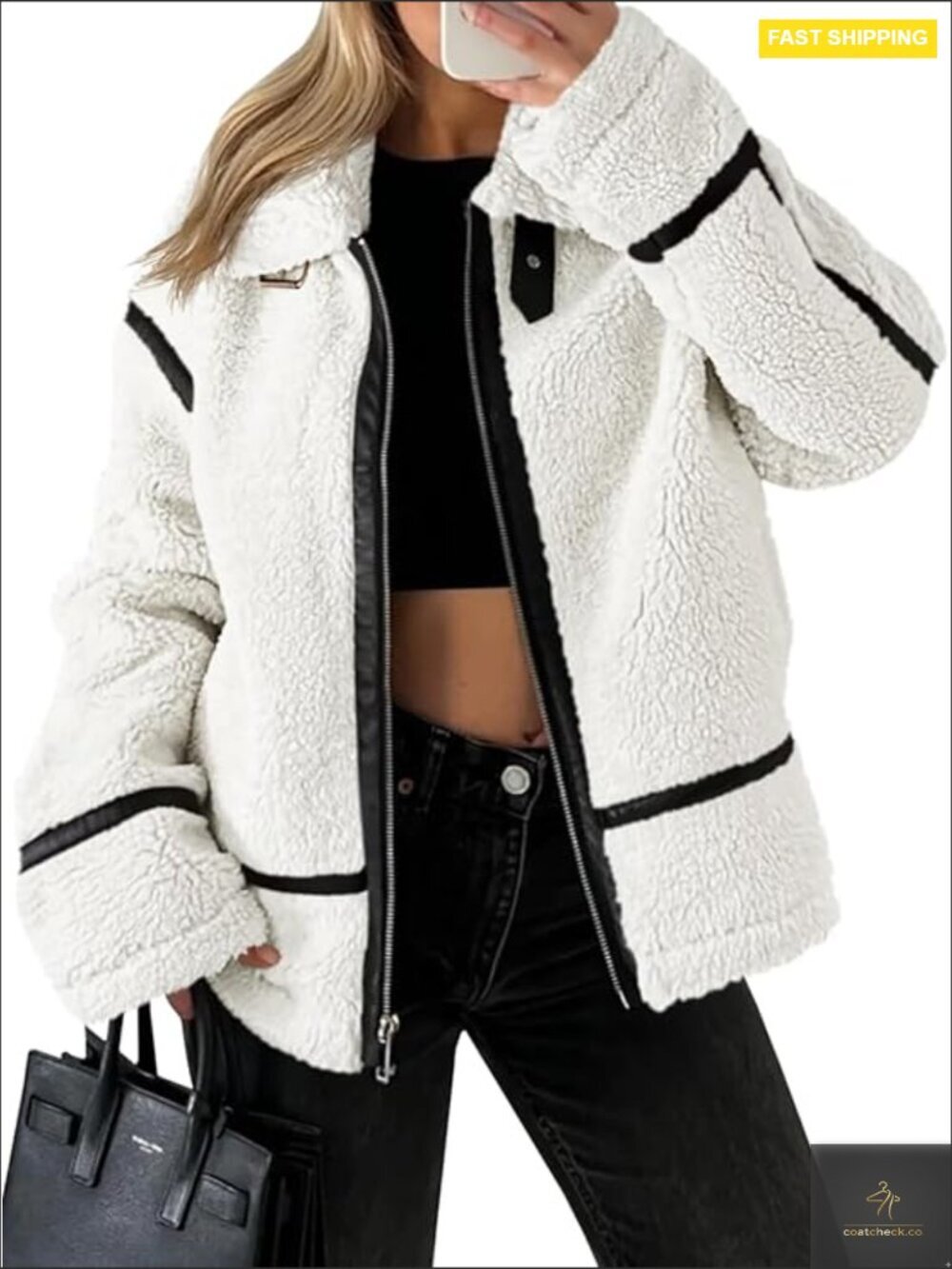 Faux Fur Sherpa Moto Jacket Patchwork Leather Cropped Oversized Y2K